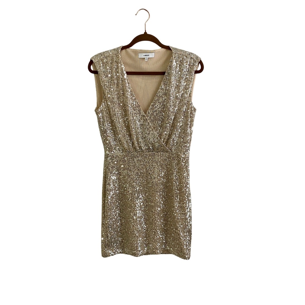LIKELY Gold‎ Sequin Sleeveless V-Neck Mini Dress Size 10 Champagne